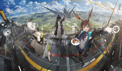  1boy 2girls :d against_railing amiya_(arknights) animal_ears aqua_eyes arknights arm_up ascot black_choker black_footwear black_gloves black_jacket black_pantyhose blue_skirt blue_sky cake cake_slice cat_ears choker cloud covered_face cup doctor_(arknights) dress drink drinking_glass fisheye food full_body gloves gradient_hair green_dress green_eyes hand_on_railing highres holding holding_drink holding_plate holding_umbrella hood hood_up infection_monitor_(arknights) jacket jewelry kal&#039;tsit_(arknights) kieed landscape long_bangs long_hair looking_afar looking_at_viewer material_growth medium_hair multicolored_hair multiple_girls multiple_rings off_shoulder on_rooftop open_clothes open_jacket open_mouth oripathy_lesion_(arknights) outdoors outstretched_arm outstretched_hand pantyhose plate purple_ascot rabbit_ears railing ring rooftop skirt sky smile standing studio_lights sweater toasting_(gesture) umbrella white_hair white_jacket white_sweater wide_shot 