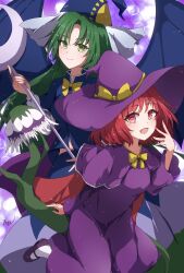  2girls :d blue_capelet blue_headwear blue_skirt blue_vest blue_wings bow bowtie capelet commentary_request demon_wings dress flower green_eyes green_hair hat hat_bow hat_ribbon highres holding holding_staff juliet_sleeves kirisame_marisa kirisame_marisa_(pc-98) long_hair long_sleeves mary_janes medium_hair midriff mima_(touhou) multiple_girls navel open_mouth parted_bangs puffy_sleeves purple_capelet purple_dress purple_footwear purple_headwear rakuza_(ziware30) red_eyes red_hair ribbon shoes skirt smile socks staff story_of_eastern_wonderland touhou touhou_(pc-98) very_long_hair vest white_ribbon white_socks wings witch witch_hat wizard_hat yellow_bow 