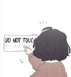  1girl ^^^ absurdres ahoge black_hair blind_girl_(popopoka) braille brown_sweater commentary english_text from_behind hand_up highres neqo_(neneneqo) original outstretched_hand sign simple_background solo sweater symbol-only_commentary upper_body white_background 