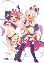  3girls :d ;d absurdres ahoge animal_hands armpits arms_up bare_shoulders black_bra black_choker black_footwear black_panties blonde_hair blush blush_stickers boots bow bowtie bra breasts bright_pupils brown_eyes brown_hair cameltoe cat_cutout cat_lingerie chibi chibi_inset choker cleavage cleavage_cutout clothing_cutout commentary_request cosplay costume_switch crisis_management_form_(machimazo) crossover curled_horns curvy dark-skinned_female dark_skin demon_girl demon_horns demon_tail detached_collar detached_sleeves embarrassed eyelashes eyes_visible_through_hair fang foreshortening frilled_bra frilled_choker frilled_panties frills full-face_blush full_body genderp genderswap_(mtf gloves gluteal_fold groin hair_between_eyes hand_on_own_hip happy highres horns index_finger_raised juliet_sleeves large_breasts light_brown_hair lilith_(machikado_mazoku) lilith_(machikado_mazoku)_(cosplay) long_hair long_sleeves looking_at_viewer machikado_mazoku marsh753315 meme_attire midriff multiple_girls navel nose_blush o_o one_eye_closed onii-chan_wa_oshimai! open_mouth outstretched_arm outstretched_arms oyama_mahiro oyama_mahiro_(cosplay) oyama_mihari oyama_mihari_(cosplay) panties paw_gloves pointing pointing_at_viewer puffy_sleeves red_bow red_bowtie sidelocks signature simple_background skin_fang small_breasts smile standing standing_on_one_leg tail tareme thigh_boots twintails underwear v-shaped_eyebrows very_long_hair white_background yoshida_yuuko_(machikado_mazoku) yoshida_yuuko_(machikado_mazoku)_(cosplay) 