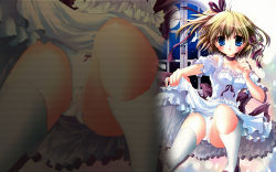 1girl blue_eyes breasts clothes_lift dress dress_lift female_focus highres indoors moon panties ribbon sky solo underwear wallpaper white_panties window zoom_layer rating:Explicit score:3 user:AlmaNegra
