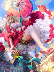  1girl blue_eyes bow breasts character_request city cleavage_cutout clothing_cutout cloud confetti copyright_name dress floating frilled_dress frills from_below garter_straps hair_bow high_heels highres large_breasts lee_seung-hee legend_of_the_cryptids long_hair looking_at_viewer outdoors parasol parted_lips road shoes sky street suitcase thighhighs umbrella wavy_hair white_hair white_thighhighs 