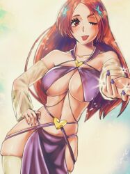  1girl bleach breasts inoue_orihime large_breasts long_hair one_eye_closed orange_hair revealing_clothes solo underboob wink 