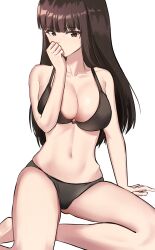  1girl absurdres arm_support bikini black_bikini black_hair blush breasts brown_eyes cleavage collarbone covered_mouth girls_und_panzer highres large_breasts lazurite_(user_8870367) long_hair navel nishizumi_shiho simple_background solo swimsuit white_background 