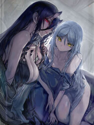  2girls abyssal_ship battleship_princess black_dress black_hair black_nails breasts cleavage closed_mouth commentary_request dress grey_hair highres horns indoors kantai_collection large_breasts long_hair long_hair_between_eyes multiple_girls off_shoulder pale_skin red_eyes sailor_collar sailor_shirt shirt skin-covered_horns sleeveless sleeveless_dress ta-class_battleship walzrj yellow_eyes 