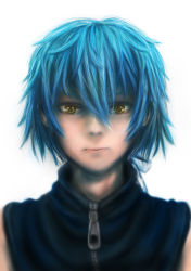  1boy blue_hair child guglielmo highres kyuushuu_sentai_danjiger long_hair looking_at_viewer male_focus ouita_aoi portrait realistic simple_background solo vest white_background yellow_eyes 