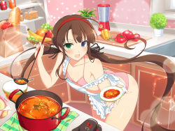  1girl apple apron artist_request baguette banana bell_pepper blender_(object) blush bread breasts brown_hair casserole cooking embarrassed flat_chest food fruit grapes green_grapes heterochromia jar kitchen ladle large_breasts long_hair offering_food open_mouth orange_(fruit) pepper plate pov ryoubi_(senran_kagura) senran_kagura tomato twintails wide_hips 