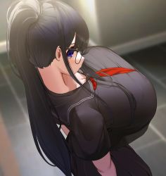 absurdres arched_back black_hair black_sailor_collar black_serafuku black_shirt blue_eyes blurry blurry_background breasts cleavage collarbone commentary_request from_above glasses highres huge_breasts long_hair looking_at_viewer looking_to_the_side looking_up necktie nicorima original ponytail purple_eyes red_neckwear sailor_collar school_uniform serafuku shirt short_sleeves sidelocks solo standing taut_clothes taut_shirt tight_clothes tile_floor tiles rating:Sensitive score:149 user:danbooru