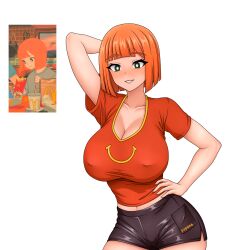  1girl absurdres alternate_breast_size arm_behind_head black_shorts blunt_bangs bob_cut breasts bright_pupils cleavage collarbone commentary covered_erect_nipples english_commentary hand_on_own_hip highres huge_breasts looking_at_viewer mature_female mcdonald&#039;s midriff_peek mother_(yoru_mac) orange_hair parted_lips product_girl pzpana red_shirt reference_inset shirt short_hair short_shorts short_sleeves shorts smile solo white_background yoru_mac  rating:Sensitive score:84 user:danbooru