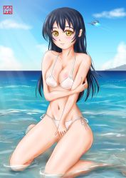  10s 1girl absurdres barefoot beach bikini blue_hair blush breasts brown_eyes cleavage cloud highres holding_own_arm kneeling light_rays long_hair looking_at_viewer love_live! love_live!_school_idol_project medium_breasts navel ocean outdoors signature sky solo sonoda_umi swimsuit tarrow100 wading water white_bikini 