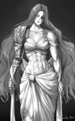  abs amputee dress elden_ring highres long_hair looking_at_viewer malenia_blade_of_miquella mechanical_arms monochrome muscular muscular_female prosthesis prosthetic_arm robusta_mania scar single_mechanical_arm smile  rating:General score:17 user:danbooru