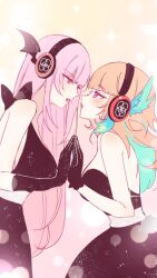  2girls alternate_costume blush breasts butterfly_wings cleavage dress earrings face-to-face feather_earrings feathers gloves green_hair hair_ornament headphones headset highres hololive hololive_english insect_wings jewelry large_breasts long_hair magnet_(vocaloid) mori_calliope multicolored_hair multiple_girls open_mouth orange_hair pink_hair purple_eyes red_eyes takanashi_kiara virtual_youtuber vocaloid wallpaper wings yunare yuri 