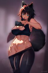  1girl abs animal_ears bare_arms blue_eyes breasts brown_hair bulge cleavage commission erection erection_under_clothes futanari glooz_art hair_between_eyes highres huge_penis large_breasts navel original penis penis_peek solo sports_bra tail tongue tongue_out wolf_ears wolf_girl wolf_tail 