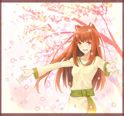  1girl animal_ears border brown_hair highres holo long_hair outstretched_arms red_eyes smile solo spice_and_wolf tree uyu_(keyakinoki) wolf_ears  rating:Sensitive score:11 user:Notis