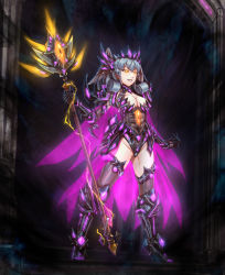  1girl absurdres alternate_costume alternate_eye_color armor aura boots breasts cape cleavage cloak corruption crown dark_persona darkness evil_smile fog fog_king glowing glowing_eyes groin head_wings high_heels highres holding holding_staff holding_weapon leebigtree leotard medium_breasts melia_antiqua monolith_soft nintendo orange_eyes possessed possession silver_hair slit_pupils smile smoke solo staff standing thigh_boots thighhighs thighs weapon wings xeno_(series) xenoblade_chronicles:_future_connected xenoblade_chronicles_(series) xenoblade_chronicles_1 yellow_eyes  rating:Questionable score:15 user:BlueSorrow