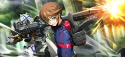 1boy alexander_(code_geass) alexander_type-02 artist_request black_gloves blue_bodysuit bodysuit brown_hair code_geass code_geass:_boukoku_no_akito code_geass:_lost_stories covered_collarbone covered_navel finger_gun firing forest game_cg gloves green_eyes grin gun half-closed_eyes hand_on_own_hip happy holding holding_gun holding_weapon looking_at_viewer male_focus mecha muzzle_flash naruse_yukiya nature non-web_source official_art outdoors pointing pointing_at_viewer rifle robot short_hair sidelocks skin_tight smile sniper_rifle solo standing swept_bangs teeth tree two-handed upper_body weapon