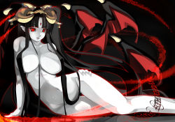  1girl arm_support black_hair breasts breasts_apart censored colored_skin convenient_censoring curvy demon_girl demon_wings fingernails glowing glowing_eyes groin hair_censor hair_ornament hair_over_breasts hand_on_own_hip hip_focus horns huge_breasts legs long_hair looking_at_viewer lying magic_circle navel nude on_side original pale_skin parted_lips pointy_ears pure_white_demon_(succubus_prison) red_eyes shiki_(psychedelic_g2) smile solo tattoo thigh_gap third_eye twintails very_long_hair white_skin wide_hips wings  rating:Explicit score:220 user:danbooru