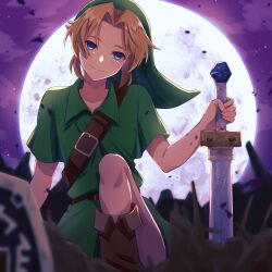  1boy asaba_ichi blonde_hair blue_eyes boots brown_footwear full_moon green_tunic highres hylian_shield leather leather_boots link looking_at_viewer male_focus moon night night_sky nintendo phrygian_cap shield sky the_legend_of_zelda the_legend_of_zelda:_majora&#039;s_mask tunic young_link 