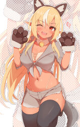  1girl ;d alternate_costume animal_ear_hairband animal_ears animal_hands bell black_thighhighs blonde_hair blush commentary commission crop_top cropped_shirt dark-skinned_female dark_skin detached_collar dog_ear_hairband dog_girl dog_tail english_commentary fake_animal_ears front-tie_top gloves grey_shirt grey_shorts hairband highleg highleg_panties highres hololive jingle_bell knee_up long_hair long_pointy_ears looking_at_viewer midriff multicolored_hair navel neck_bell one_eye_closed open_mouth panties panty_straps paw_gloves paw_pose pointy_ears sen_(sen42724788) shiranui_flare shirt shorts skeb_commission smile solo standing standing_on_one_leg streaked_hair tail thighhighs thong underwear virtual_youtuber white_panties zettai_ryouiki zoom_layer 