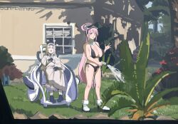  2girls bikini black_gloves blue_archive breasts building cleavage clich51368861 closed_eyes day eimi_(blue_archive) eimi_(swimsuit)_(blue_archive) gloves grand_theft_auto grand_theft_auto_vi hairband halo highres himari_(blue_archive) holding holding_hose hose huge_breasts long_hair long_sleeves looking_at_viewer mole mole_under_eye multiple_girls outdoors parody pink_eyes pink_hair plant pointy_ears powered_wheelchair shoes side-tie_bikini_bottom standing swimsuit tree very_long_hair water waving wheelchair white_hair 