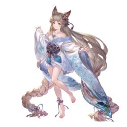  1girl absurdly_long_hair alpha_transparency animal_ears bare_shoulders barefoot blunt_bangs blush braid breasts brown_eyes closed_mouth collarbone erune feet full_body granblue_fantasy green_eyes hair_ornament heterochromia japanese_clothes kimono legs long_hair long_sleeves looking_at_viewer minaba_hideo official_art pholia pholia_(yukata) short_eyebrows small_breasts smile thick_eyebrows toenails toes transparent_background very_long_hair white_kimono wide_sleeves yukata  rating:Sensitive score:10 user:danbooru