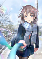  1girl bare_tree black_jacket blazer blue_eyes blue_scarf blue_skirt blue_sky blush brown_hair building comiket_101 commentary_request day fringe_trim hair_between_eyes hair_ornament hairclip holding holding_clothes holding_scarf jacket keepout long_sleeves looking_at_viewer mittens open_clothes open_jacket original outdoors parted_lips pink_mittens pleated_skirt scarf school_uniform shirt skirt sky solo tree white_shirt 