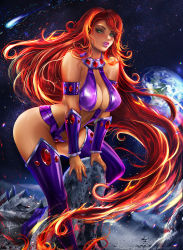 1girl alien bare_shoulders blush boots breasts cleavage colored_skin dc_comics green_eyes highres large_breasts leaning_forward lips long_hair looking_at_viewer orange_skin parted_lips red_hair reivash solo space standing starfire thigh_boots thighhighs tongue tongue_out very_long_hair rating:Sensitive score:88 user:twilight_jester