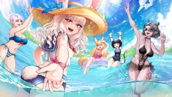  5girls absurdres animal_ears bikini breasts castanic cat_ears character_request cleavage covered_navel elf elin fevermoun fox_ears highres innertube large_breasts looking_at_viewer medium_breasts multiple_girls ocean pointy_ears rabbit_ears red_eyes school_swimsuit striped_bikini striped_clothes summer swim_ring swimsuit tera_online 
