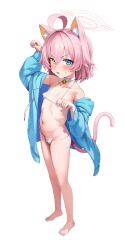  1girl ahoge animal_ear_fluff animal_ears bare_shoulders barefoot bell bikini blondy_(ldlong) blue_archive blue_eyes blush breasts cameltoe cat_ears cat_girl cat_tail choker cleft_of_venus covered_erect_nipples full_body hair_between_eyes halo heterochromia highres hoshino_(blue_archive) hoshino_(swimsuit)_(blue_archive) hoshino_(young)_(blue_archive) jacket jingle_bell kemonomimi_mode loli long_sleeves looking_at_viewer lowleg lowleg_bikini micro_bikini navel neck_bell off_shoulder official_alternate_costume open_clothes open_jacket open_mouth paw_pose pink_hair short_hair simple_background small_breasts solo standing stomach string_bikini sweatdrop swimsuit tail white_background white_bikini white_choker yellow_eyes  rating:Questionable score:84 user:danbooru