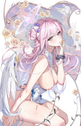  1girl absurdres bare_shoulders blue_archive blush breasts buttons cuts feathered_wings flower hair_bun hair_flower hair_ornament hair_scrunchie halo highres houkisei injury large_breasts long_hair looking_at_viewer low_wings mika_(blue_archive) nipples pink_hair rose scrunchie sidelocks single_side_bun smile solo thighs torn_clothes wings wrist_scrunchie yellow_eyes 