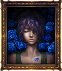 1boy absurdres bad_end bad_id bad_pixiv_id blue_flower blue_rose closed_eyes faux_traditional_media flower framed garry_(ib) hair_over_one_eye highres ib_(kouri) lips male_focus multicolored_hair petals picture_frame portrait portrait_(object) purple_hair realistic rose rose_petals solo streaked_hair yuanmaru