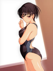  1girl amagami ass black_eyes black_hair breasts competition_swimsuit covered_erect_nipples medium_breasts nurupon one-piece_swimsuit ponytail short_hair solo swimsuit tsukahara_hibiki 