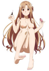 1girl absurdres asuna_(sao) blush breasts cleft_of_venus collarbone feet highres long_hair nail_polish nipples nude nude_filter orange_eyes orange_hair pussy smile solo sword_art_online third-party_edit toes rating:Explicit score:134 user:UltraPerv88