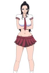  1girl black_hair breast_hold breasts collarbone collared_shirt crop_top crossed_arms female_focus groin highres large_breasts long_hair looking_at_viewer microskirt midriff miniskirt navel necktie nico_robin one_piece pleated_skirt red_necktie red_skirt reisan97 shirt short_sleeves skirt smile socks solo standing white_background white_shirt white_socks wide_hips  rating:Sensitive score:22 user:Jpopi
