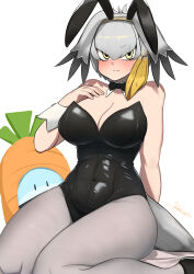  1girl animal_ears bare_shoulders bird_tail black_leotard blush bow bowtie breasts carrot cleavage closed_mouth covered_navel detached_collar fake_animal_ears grey_hair hair_between_eyes head_wings highleg highleg_leotard highres john_(a2556349) kemono_friends large_breasts leotard looking_at_viewer lucky_beast_(kemono_friends) multicolored_hair pantyhose playboy_bunny rabbit_ears shoebill_(kemono_friends) strapless strapless_leotard tail thick_thighs thighs traditional_bowtie wings wrist_cuffs 