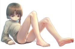  1girl :| artist_request asymmetrical_hair bare_legs barefoot brown_eyes brown_hair closed_mouth expressionless feet full_body grey_sweater hair_ornament hairclip iwakura_lain legs looking_at_viewer lying no_pants non-web_source on_back panties serial_experiments_lain short_hair simple_background single_sidelock solo source_request sweater toes underwear white_background white_panties x_hair_ornament  rating:Questionable score:106 user:danbooru