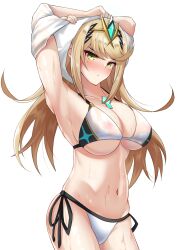  1girl absurdres armpits arms_behind_head arms_up bikini blonde_hair blush breasts chest_jewel cleavage closed_mouth covered_erect_nipples ega-chan gem hair_ornament headpiece highres jewelry large_breasts light_frown long_hair looking_at_viewer mythra_(xenoblade) navel nintendo shirt side-tie_bikini_bottom simple_background solo swept_bangs swimsuit tiara tree undressing wet wet_clothes white_background white_bikini white_shirt xenoblade_chronicles_(series) xenoblade_chronicles_2 yellow_eyes  rating:Sensitive score:23 user:darkmetaknight9
