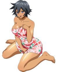  1girl barefoot black_hair blue_eyes breasts cleavage collarbone dark-skinned_female dark_skin female_focus highres ikkitousen large_breasts naked_towel official_art open_mouth shiny_skin short_hair simple_background sitting smile solo towel ukitsu_(ikkitousen) wariza white_background  rating:Sensitive score:41 user:arutos