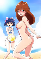  areola_slip ass beach bikini blue_hair blush breasts brown_hair cloud copyright_request erondon large_breasts legs long_legs ocean open_mouth sideboob sky slingshot_swimsuit swimsuit thighs 