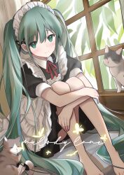 1girl apron aqua_eyes aqua_hair bare_legs barefoot black_dress black_ribbon bug butterfly cat closed_mouth collared_dress day dress frilled_apron frills glowing_butterfly hair_between_eyes hair_ribbon halleycomet404 hatsune_miku hugging_own_legs indoors insect knees_up light_blush long_hair looking_at_viewer maid maid_headdress multiple_cats neck_ribbon puffy_short_sleeves puffy_sleeves red_ribbon ribbon short_sleeves sitting smile solo tree twintails very_long_hair vocaloid white_apron window