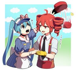  ahoge apron black_eyes black_necktie blue_dress blue_hair bug butterfly commentary_request cowboy_shot dress drill_hair gloves hat hatsune_miku highres holding holding_clothes holding_hat insect kasane_teto long_hair mesmerizer_(vocaloid) necktie open_mouth puffy_short_sleeves puffy_sleeves red_eyes red_hair sato_(r017xts117) sharp_teeth shirt short_sleeves smile striped_clothes striped_shirt suspenders sweat teeth tongue tongue_out translated twin_drills twintails unworn_hat unworn_headwear utau very_long_hair vocaloid white_apron yellow_gloves 