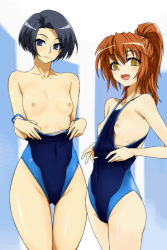  2girls black_hair blue_eyes breasts brown_eyes brown_hair clothes_pull competition_swimsuit flat_chest highres love_plus michael_f91 multiple_girls nipples one-piece_swimsuit one-piece_swimsuit_pull open_mouth ponytail pulling_own_clothes short_hair smile swimsuit thigh_gap thighs undressing  rating:Questionable score:39 user:danbooru