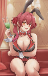  1girl :d absurdres alcohol animal_ears arm_under_breasts bow bowtie breasts bunny_garden cleavage cosplay cup drinking_glass fake_animal_ears fang goma_anco_(shiyoshiyo) heterochromia highres holding holding_cup hololive houshou_marine kana_(bunny_garden) kana_(bunny_garden)_(cosplay) large_breasts leotard looking_at_viewer open_mouth playboy_bunny rabbit_ears red_bow red_bowtie red_eyes red_hair sitting smile solo twintails virtual_youtuber wrist_cuffs 