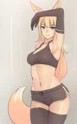 1girl animal_ear_fluff animal_ears arm_up armpits black_gloves black_thighhighs blonde_hair blue_eyes bluefield blush breasts elbow_gloves fox_ears fox_tail gloves highres long_hair looking_at_viewer navel original simple_background smile solo sports_bra sweat tail thighhighs zettai_ryouiki rating:Sensitive score:166 user:danbooru