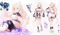  1girl :t animal_ear_fluff animal_ears arms_at_sides bandeau bare_shoulders black_jacket black_shorts black_socks blonde_hair blush breasts cat_ears cat_girl cat_tail character_request character_sheet cleavage closed_mouth color_guide dot_nose floating_hair flower hair_between_eyes hair_flower hair_ornament hand_on_own_chest highres hip_vent hood hood_down hooded_jacket huge_breasts indie_virtual_youtuber jacket kagefumi letterboxed long_hair long_sleeves looking_at_viewer mole mole_on_breast multicolored_clothes multicolored_jacket multiple_views navel off_shoulder open_clothes open_jacket pout purple_eyes scissors shoes short_shorts shorts sidelocks smile socks stomach tail thigh_strap turnaround two-tone_jacket wavy_hair white_bandeau white_flower white_footwear white_jacket 