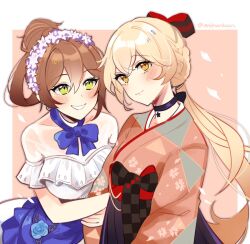  2girls alternate_costume alternate_hairstyle blue_dress blush bow braid breasts brown_hair choker closed_mouth coll_(erichankun) commission dress flower_hairband french_braid girls&#039;_frontline green_eyes hair_between_eyes hair_bow holding_another&#039;s_arm japanese_clothes kimono looking_at_another looking_at_viewer multiple_girls official_alternate_costume ots-14_(flurry_of_petals)_(girls&#039;_frontline) ots-14_(girls&#039;_frontline) parted_lips ponytail red_bow second-party_source simple_background smile springfield_(girls&#039;_frontline) two-tone_background two-tone_dress white_dress 