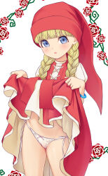  1girl blonde_hair blue_eyes clothes_lift cowboy_shot dragon_quest dragon_quest_xi dress dress_lift hat lifted_by_self loli looking_at_viewer low_twin_braids n.g. panties red_dress red_hat solo twin_braids underwear veronica_(dq11) white_panties  rating:Sensitive score:14 user:LightSolas
