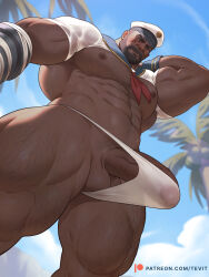  1boy abs absurdres bara barret_wallace beard black_hair bulge cloud dark-skinned_male dark_skin day erection erection_under_clothes facial_hair final_fantasy final_fantasy_vii final_fantasy_vii_remake foreshortening from_below hat highres large_pectorals male_focus muscular muscular_male navel nipples outdoors paid_reward_available patreon_username pectorals penis revision sailor sailor_collar sailor_hat sailor_shirt shirt short_hair sky solo testicles tevit_(tevit15) thick_thighs thighs 