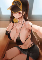  1girl absurdres baseball_cap bikini bikini_under_clothes black_bikini breasts brown_hair collarbone elbow_rest final_fantasy final_fantasy_vii final_fantasy_vii_ever_crisis fingerless_gloves gloves grin hat highres large_breasts long_hair looking_at_viewer miniskirt navel official_alternate_costume outstretched_arm panty_straps red_eyes rororo selfie sitting skirt smile solo stomach strap_gap swimsuit table thighs tifa_lockhart tifa_lockhart_(lifeguard) very_long_hair  rating:Sensitive score:27 user:danbooru