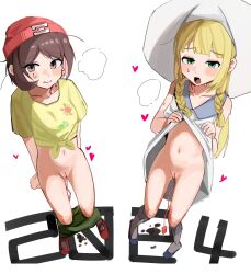  2024 2girls :o beanie blonde_hair blush braid brown_hair cleft_of_venus closed_mouth clothes_lift clothes_pull collarbone commentary_request creatures_(company) dress dress_lift game_freak green_eyes green_shorts haidao_mao hat heart highres lifted_by_self lillie_(pokemon) long_hair multiple_girls navel nintendo open_mouth pokemon pokemon_sm pussy red_hat selene_(pokemon) shirt shoes short_sleeves shorts shorts_pull standing sweatdrop tied_shirt twin_braids vibrator_cord white_background white_dress yellow_shirt 